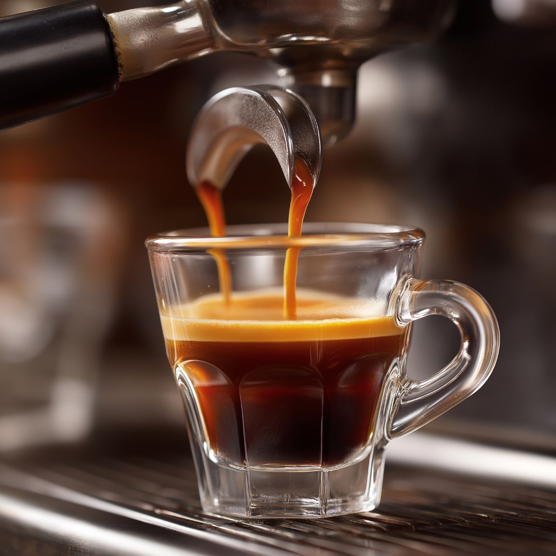 Kahvikuppiin kaadetaan tummaa espressoa, ja kahden kerroksen värit näkyvät lasikupissa.